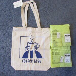 NEW Set 2 Ecoright Coffee Head Tote Bag Zipper Canvas Reusable Grocery School